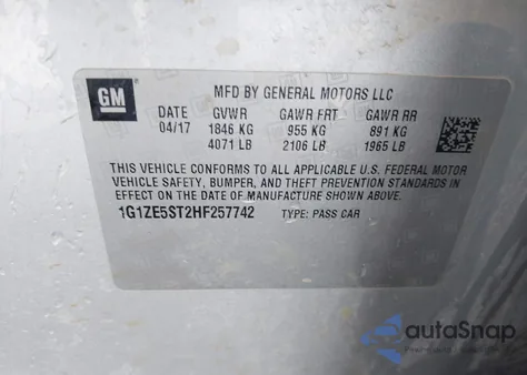 2017 Chevrolet Malibu 1Lt из США, поврежденный, VIN 1G1ZE5ST2HF257742